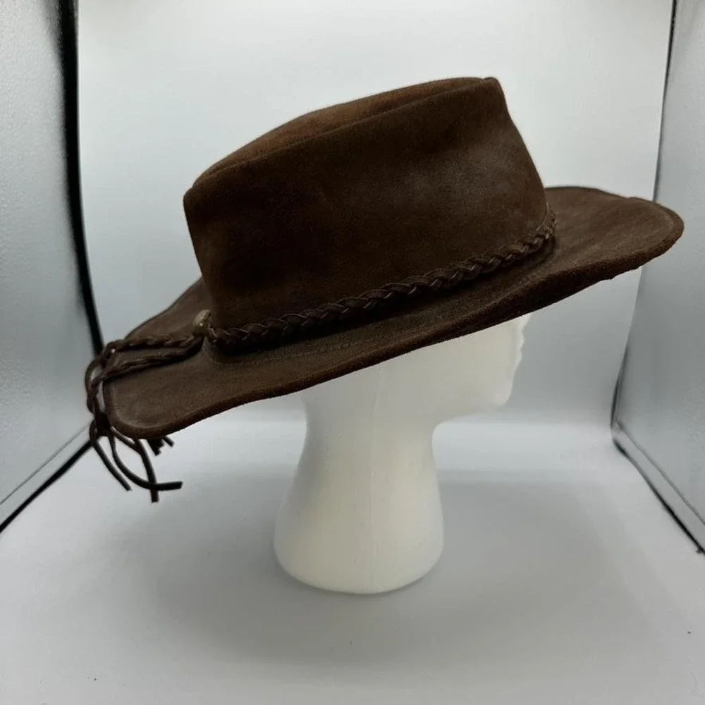 Genuine Leather Hat Cowboy Fitted Brown Suede Braid Band Concho Western Festival